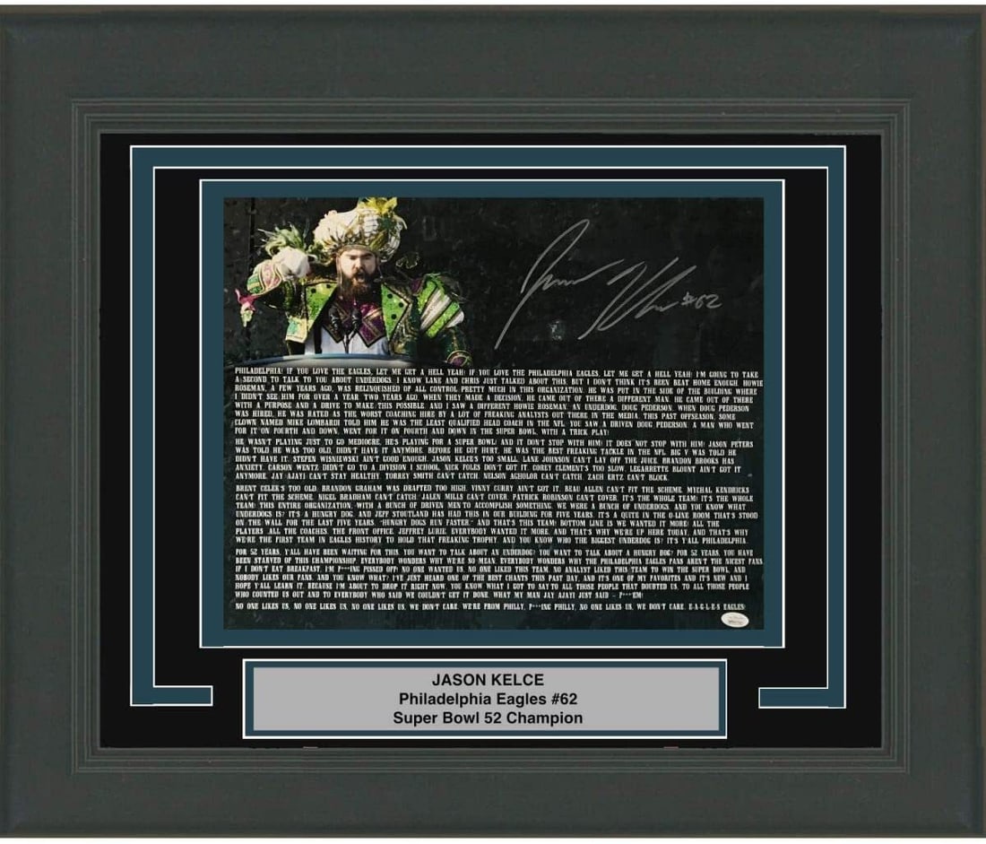 Framed Jason Kelce Autographed Eagles Parade Speech Photo JSA COA 16x20: Framed Jason Kelce Autographed Eagles Parade Speech Photo JSA COA 16x20 Celebrate the Philadelphia Eagles' unforgettable moment with this professionally framed, autographed 16x20 photo of Jason Kelce