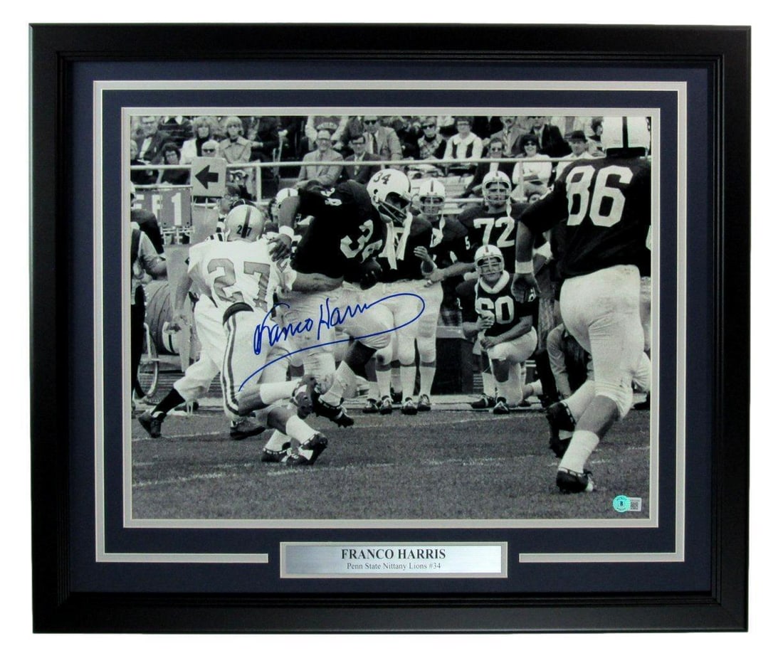 Franco Harris Autographed 16x20 B/W Photo Penn State Framed Beckett Authenticated: Franco Harris Autographed 16x20 B/W Photo Penn State Framed Beckett Authenticated This stunning piece features a Franco Harris autographed 16x20 black and white photograph of the legendary Penn State