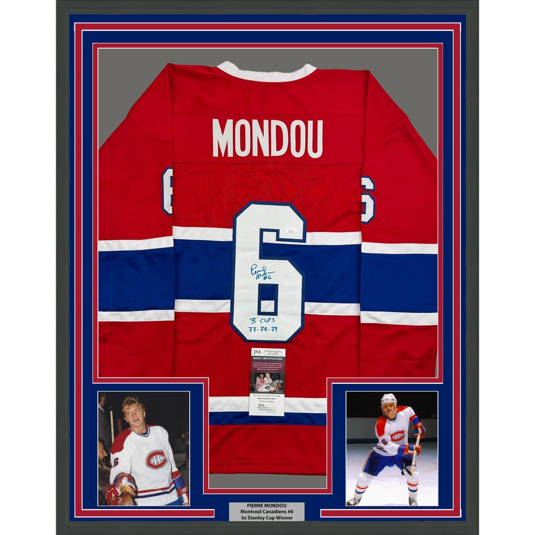 Framed Pierre Mondou Autographed Jersey 3 Cups 77-79 JSA COA: Framed Pierre Mondou Autographed Jersey 3 Cups 77-79 JSA COA Celebrate the legacy of Pierre Mondou with this professionally framed and matted autographed red jersey commemorating his remarkable achiev