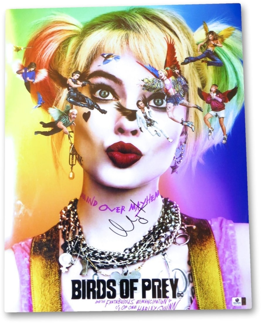 Margot Robbie Autographed 16X20 Birds of Prey Photo JSA Certified: Margot Robbie Autographed 16X20 Birds of Prey Photo JSA Certified This stunning 16X20 photograph features Margot Robbie as Harley Quinn from 'Birds of Prey'. The image is signed by Margot Robbie, ensu