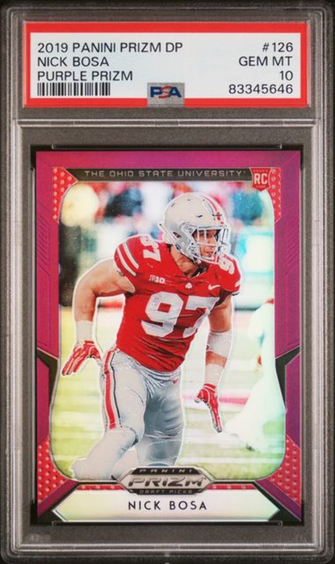2019 Panini Prizm DP Nick Bosa #126 Purple Prizm RC Football Card PSA 10 (1 of 2)