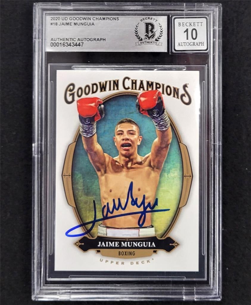 2020 Upper Deck Goodwin Champions Jaime Munguia Signed Card BGS 10 Auto: 2020 Upper Deck Goodwin Champions Jaime Munguia Signed Card BGS 10 Auto This collectible features a hard-signed autograph of Jaime Munguia, a prominent figure in the boxing world. Produced by Upper De