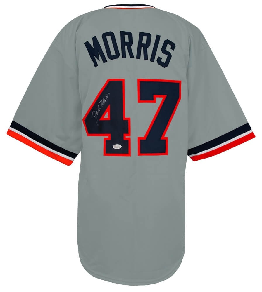 Grey Custom Jersey Signed by Jack Morris with JSA Authentication: Grey Custom Jersey Signed by Jack Morris with JSA Authentication This is a pre-owned grey custom baseball jersey signed by Jack Morris of the Detroit Tigers. The jersey is adult size XL and features a