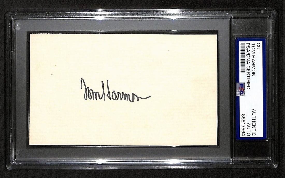 3x5 Index Card Tom Harmon Autograph Michigan 1940 Heisman PSA DNA Authenticated: 3x5 Index Card Tom Harmon Autograph Michigan 1940 Heisman PSA DNA Authenticated This is an original Tom Harmon signed cut on a 3x5 index card, commemorating his 1940 Heisman Trophy win while at Michig