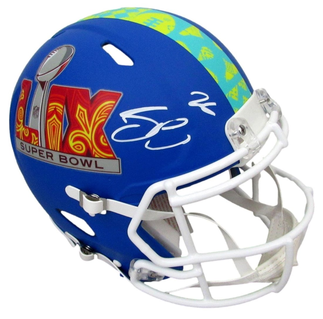 Saquon Barkley Signed Blue Super Bowl LIX Authentic Helmet PSA/DNA: Saquon Barkley Signed Blue Super Bowl LIX Authentic Helmet PSA/DNA This is a Saquon Barkley signed blue Super Bowl LIX full-size authentic football helmet, representing the Philadelphia Eagles. The he