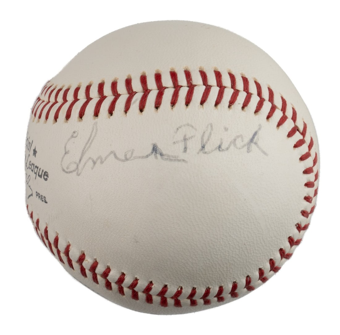 Elmer Flick Signed Official National League Baseball JSA COA: Elmer Flick Signed Official National League Baseball JSA COA This Official National League baseball, manufactured between 1958 and 1962, has been signed by Hall of Fame outfielder Elmer Flick. The sig