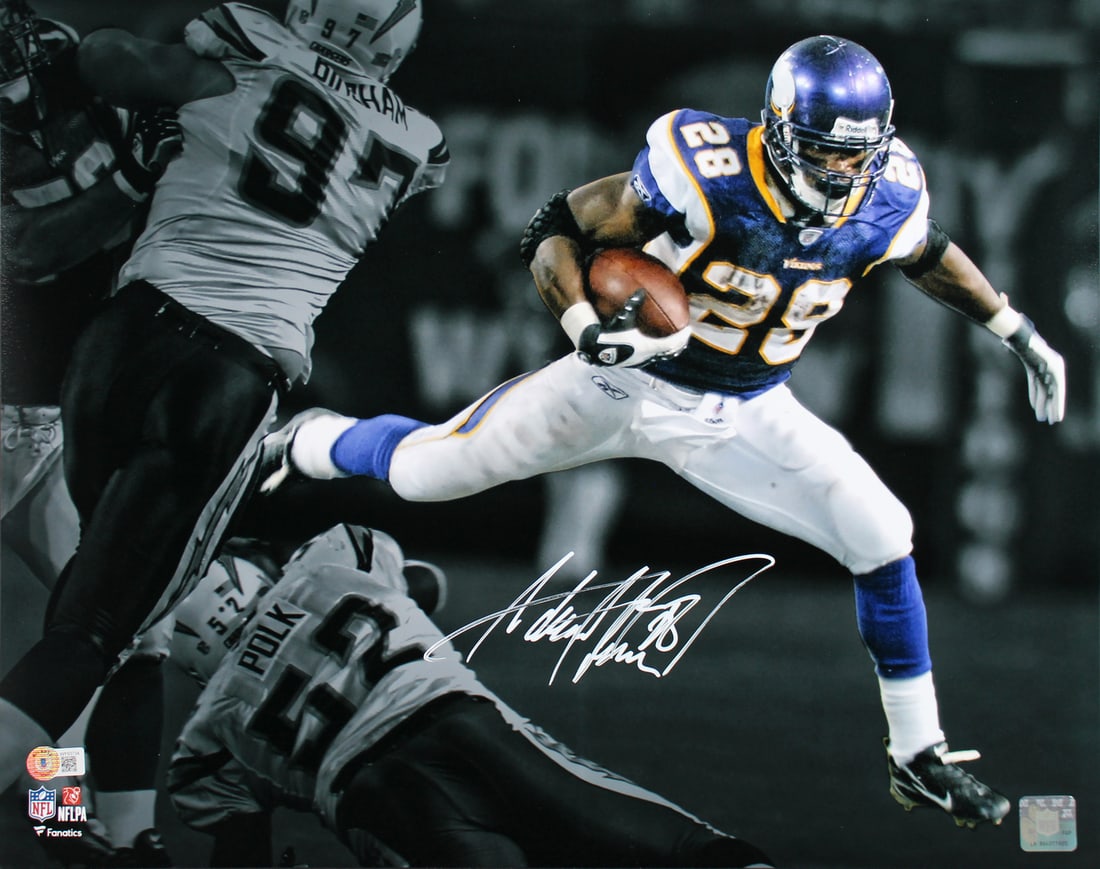 Adrian Peterson Signed 16x20 Photo Vikings BAS Witnessed Authentic: Adrian Peterson Signed 16x20 Photo Vikings BAS Witnessed Authentic This captivating 16x20 horizontal spotlight photo showcases Adrian Peterson, the legendary running back of the Minnesota Vikings. Per