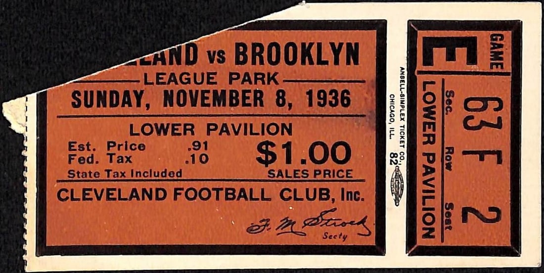 1936 Cleveland Rams vs Brooklyn Tigers Original Ticket Stub AFL Debut (1 of 2)