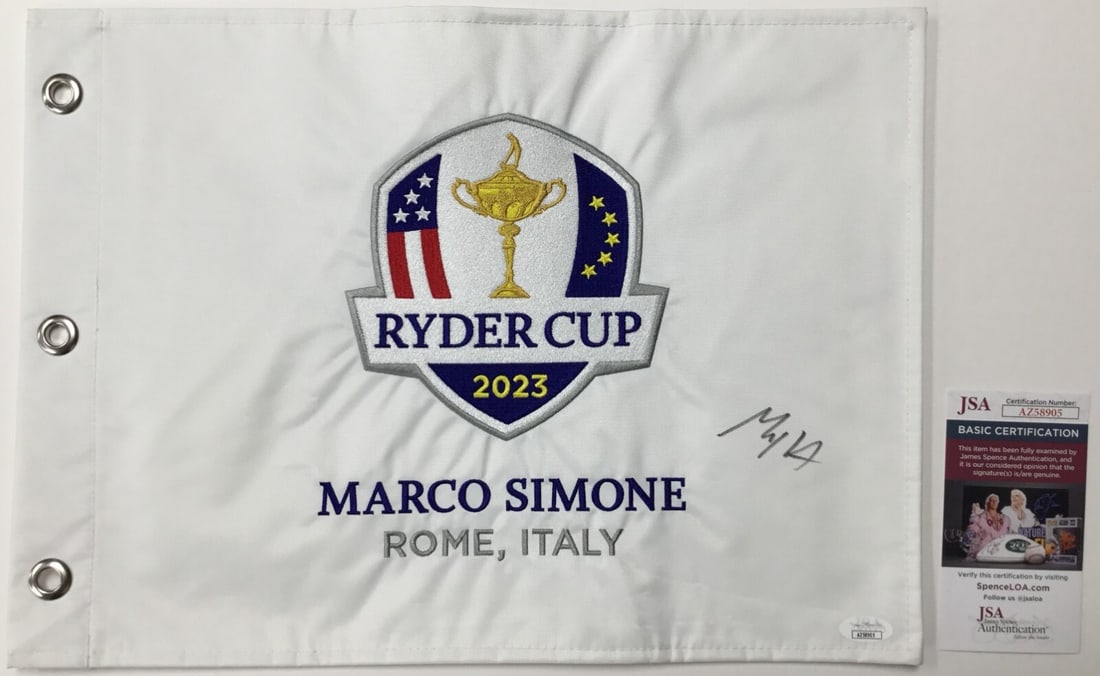 Max Homa Signed 2023 Ryder Cup Flag JSA Authenticated: Max Homa Signed 2023 Ryder Cup Flag JSA Authenticated Commemorate a historic moment in golf with this original signed pin flag from the 2023 Ryder Cup in Rome, Italy. This official pin flag features t