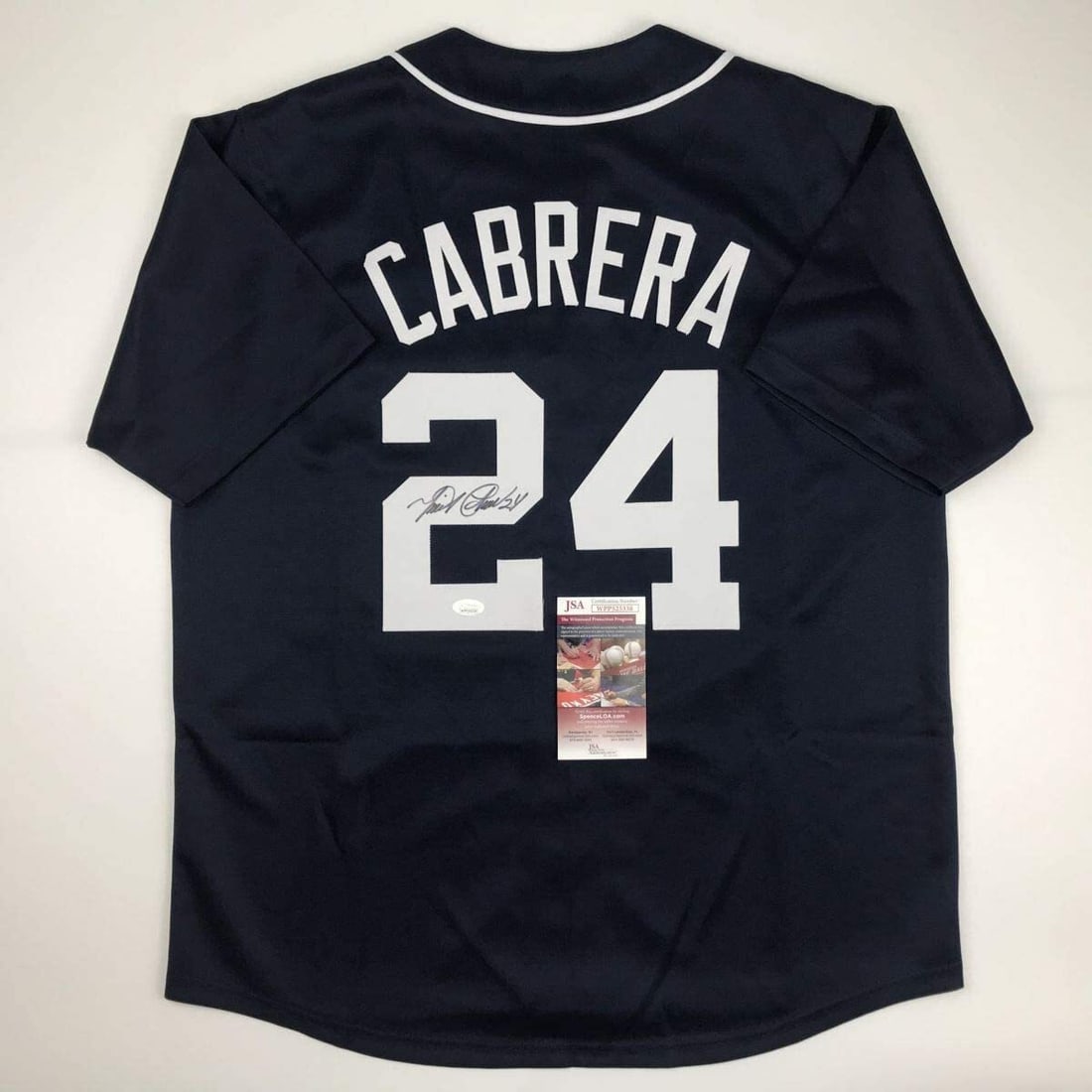 Miguel Cabrera Autographed Detroit Tigers Blue Jersey with JSA Certification: Miguel Cabrera Autographed Detroit Tigers Blue Jersey with JSA Certification Celebrate the legacy of Miguel Cabrera with this autographed Detroit Tigers blue baseball jersey. This unique item features