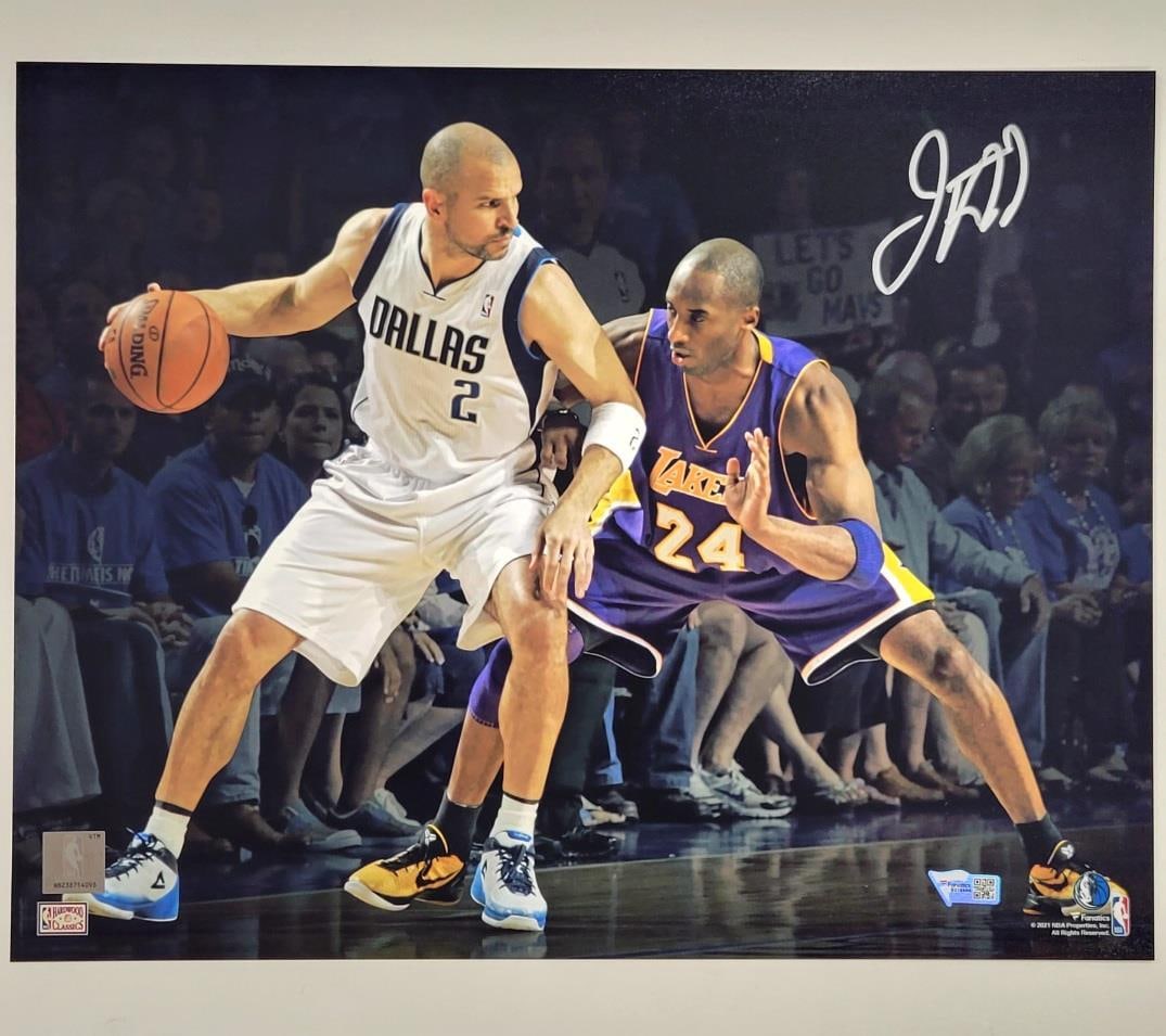 Jason Kidd Signed 11x14 Photo Mavericks vs Kobe Fanatics Authentic: Jason Kidd Signed 11x14 Photo Mavericks vs Kobe Fanatics Authentic This is an original signed 11x14 photo featuring Jason Kidd in action during a game against Kobe Bryant, showcasing a memorable momen