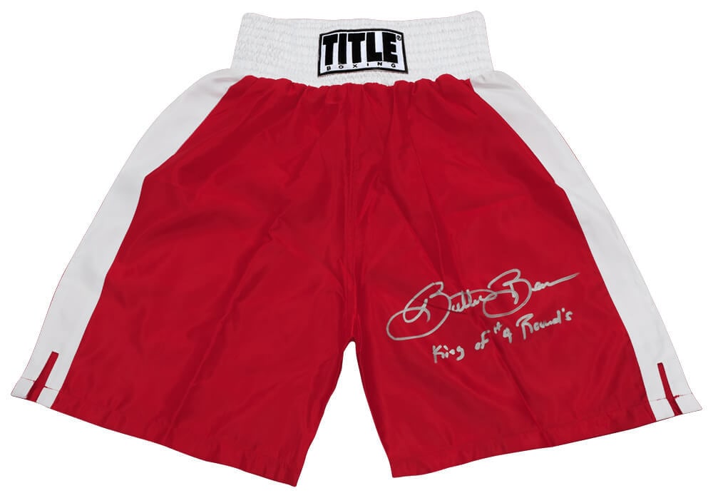 Eric Butterbean Esch Signed Title Red Boxing Trunks with King of 4 Rounds Inscription (1 of 1)