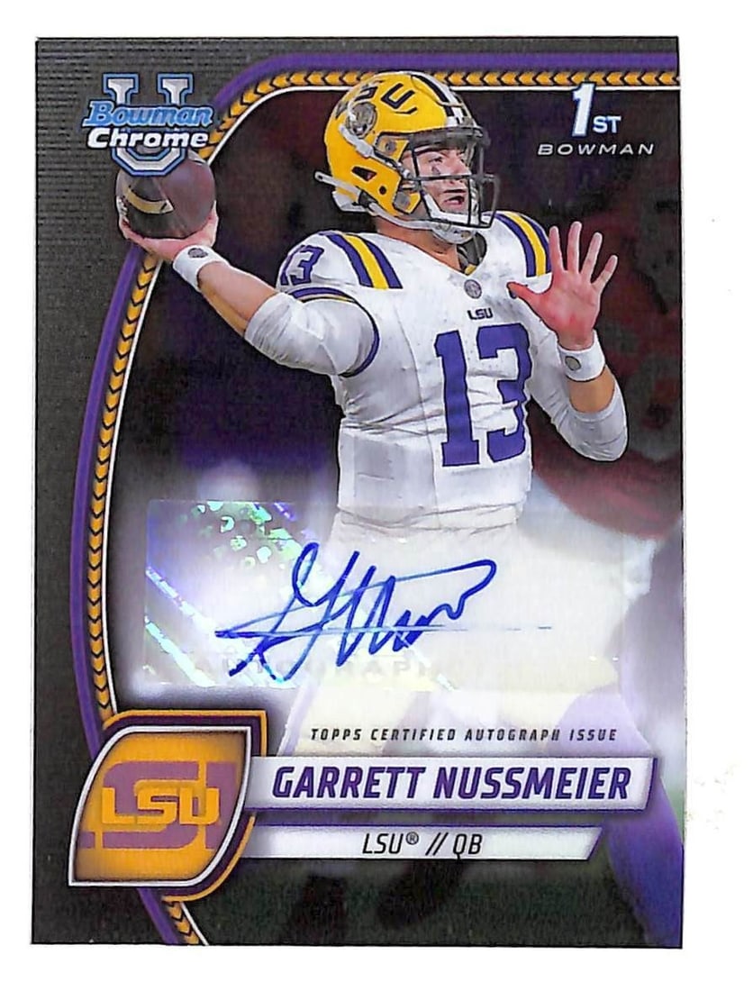 Garrett Nussmeier 2024 Bowman Chrome Autographed Rookie Card LSU Tigers: Garrett Nussmeier 2024 Bowman Chrome Autographed Rookie Card LSU Tigers This is a 2024 Bowman Chrome Garrett Nussmeier 1st Prospect Autographed Rookie Card, featuring a standard card size. It is an or