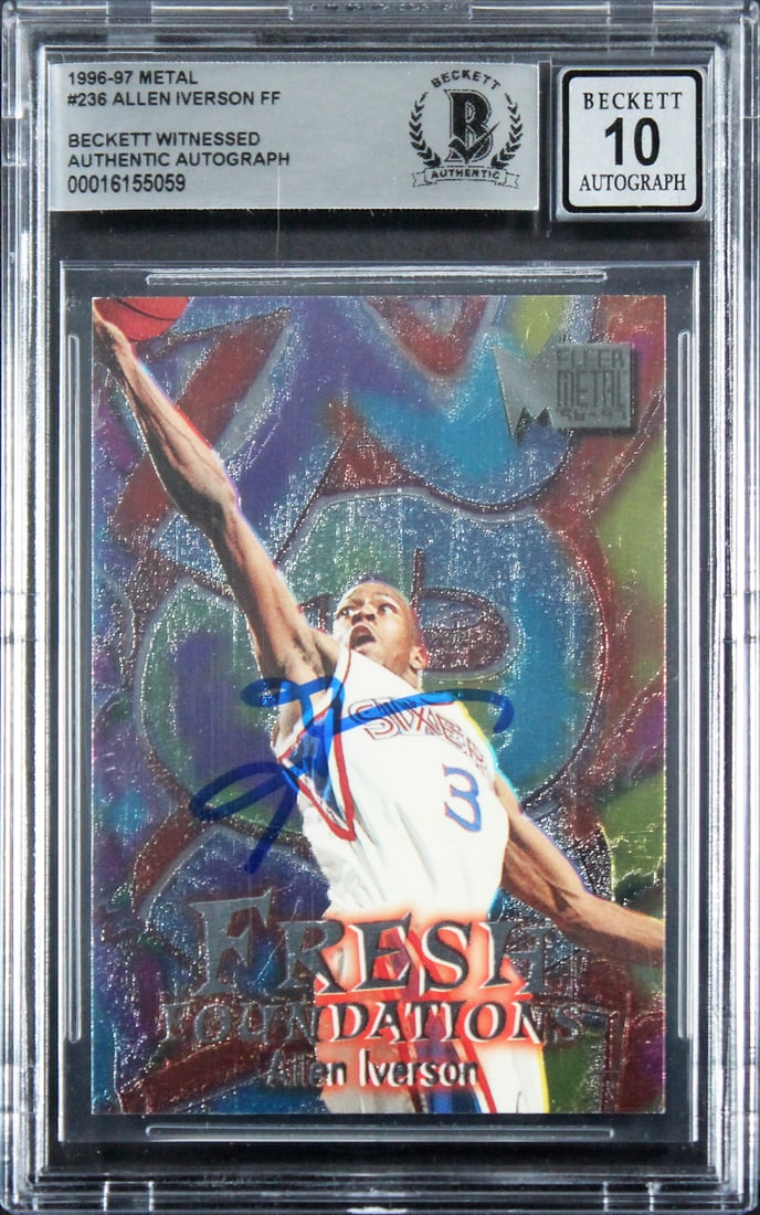 Allen Iverson Signed 1996 Metal #236 Rookie Card Gem Mint 10 Beckett Authenticated: Allen Iverson Signed 1996 Metal #236 Rookie Card Gem Mint 10 Beckett Authenticated This 1996 Metal #236 Rookie Card, featuring legendary player Allen Iverson, is a true collector's gem. Graded Gem Min