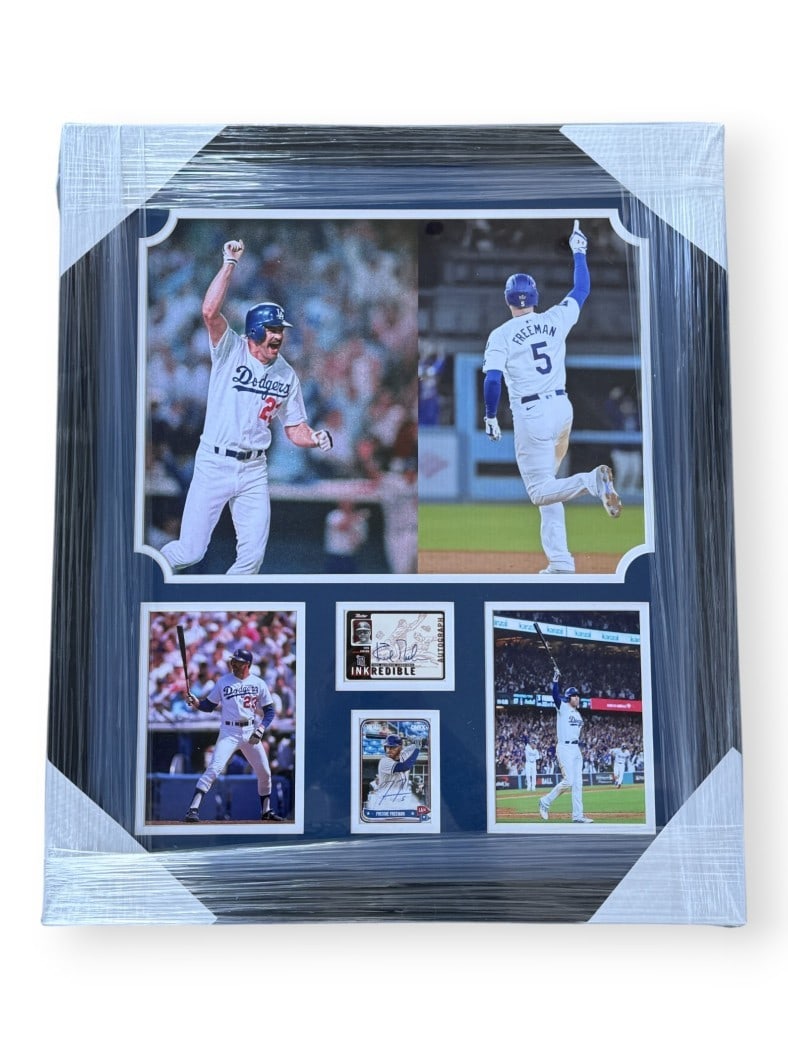 Kirk Gibson Freddie Freeman Signed Cards UDA Authenticated 22x26 Frame: Kirk Gibson Freddie Freeman Signed Cards UDA Authenticated 22x26 Frame This is a unique collectible featuring autographed cards of baseball legends Freddie Freeman and Kirk Gibson, both authenticated