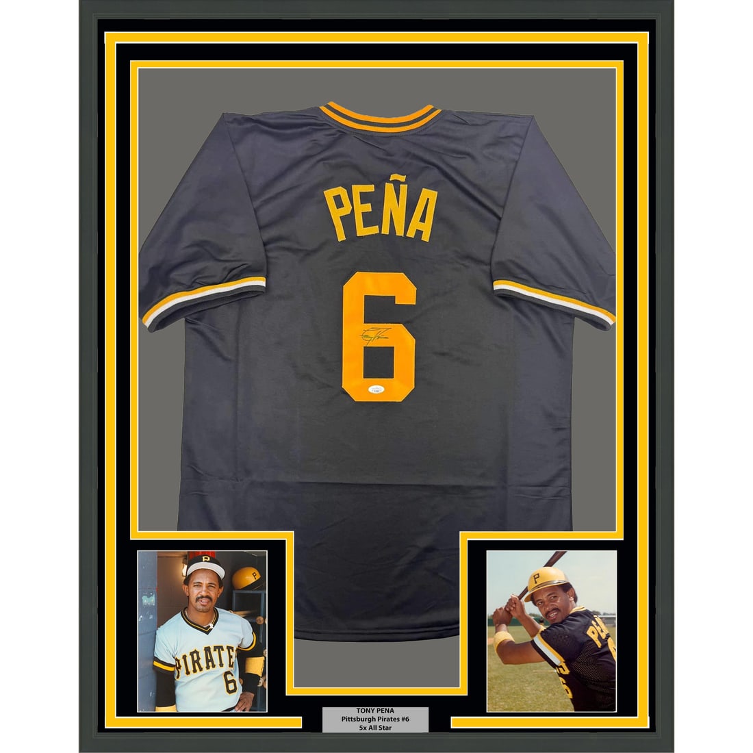 Tony Pena Signed Pittsburgh Pirates Black Jersey 35x39 Framed with JSA COA: Tony Pena Signed Pittsburgh Pirates Black Jersey 35x39 Framed with JSA COA This professionally framed and matted display features a black Pittsburgh Pirates jersey autographed by Tony Pena. The jersey