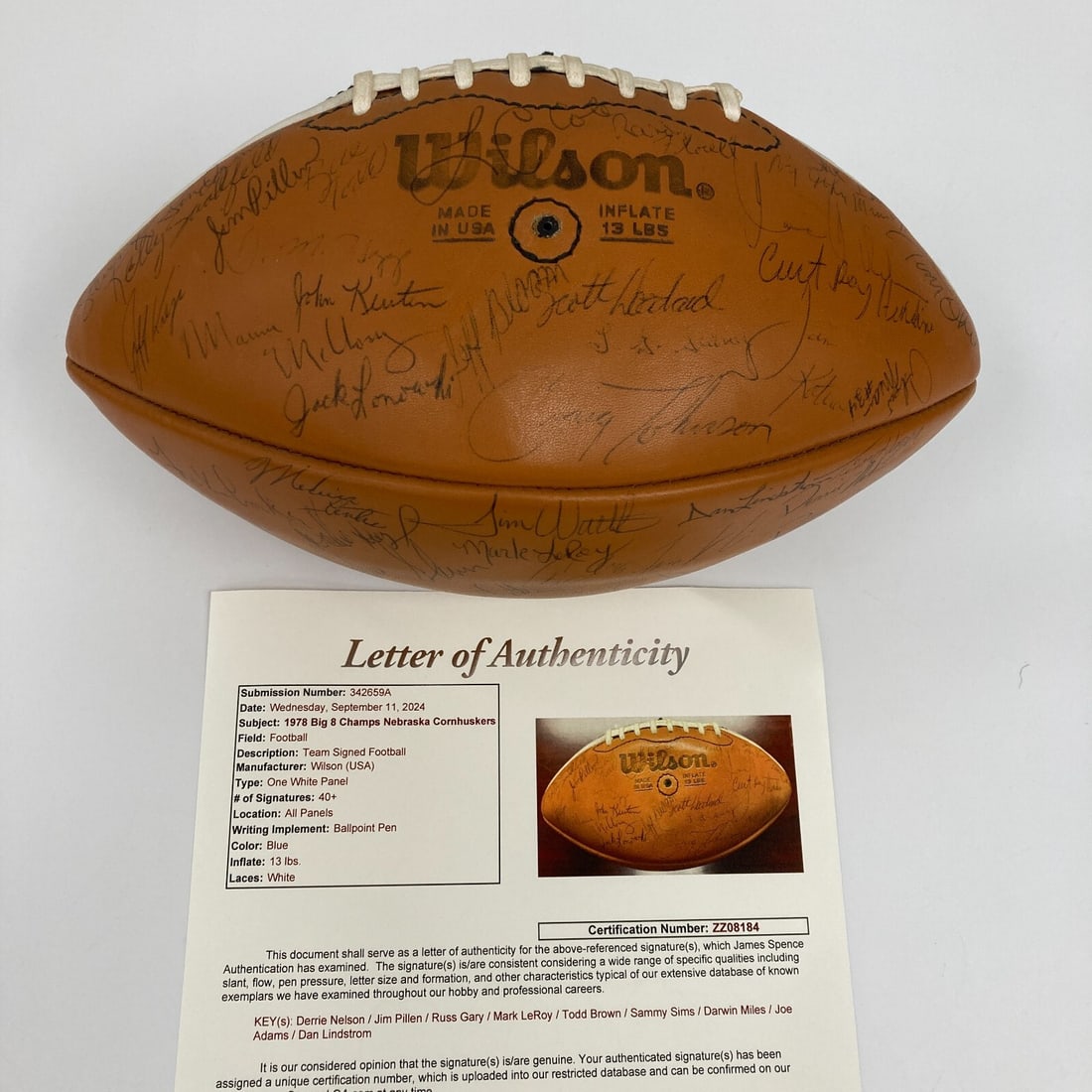 1978 Nebraska Cornhuskers Team Signed Football 40+ Sigs JSA COA: 1978 Nebraska Cornhuskers Team Signed Football 40+ Sigs JSA COA Celebrate the legacy of the 1978 Nebraska Cornhuskers with this vintage Big 8 Champions team-signed football. This remarkable collectibl
