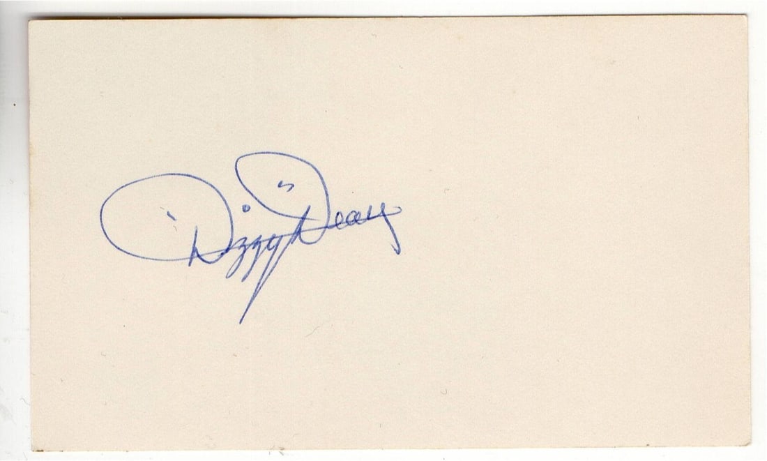 Dizzy Dean Signed 3X5 Index Card St. Louis Cardinals JSA Authenticated: Dizzy Dean Signed 3X5 Index Card St. Louis Cardinals JSA Authenticated This is an original autographed 3X5 index card featuring the signature of Hall of Famer Dizzy Dean. The item is authenticated by