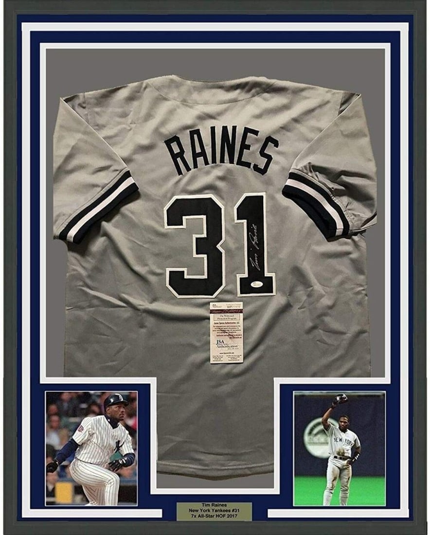 Framed Tim Raines Autographed Jersey New York Yankees JSA COA Gem Mint 33x42: Framed Tim Raines Autographed Jersey New York Yankees JSA COA Gem Mint 33x42 This stunning framed autographed jersey features Tim Raines, a prominent player in Major League Baseball (MLB), representin