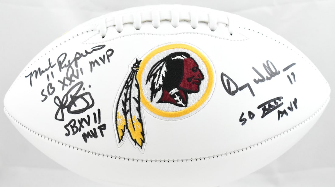 Signed Redskins Football by Rypien Riggins Williams Beckett Authenticated: Signed Redskins Football by Rypien Riggins Williams Beckett Authenticated This is an original Washington Redskins logo football signed by three legendary players: Mark Rypien, John Riggins, and Doug W
