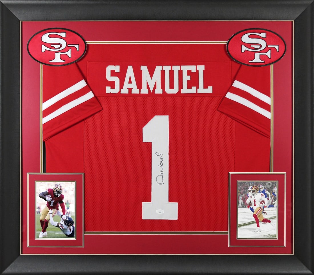 Deebo Samuel Signed Red Framed Jersey San Francisco 49ers JSA Authenticated: Deebo Samuel Signed Red Framed Jersey San Francisco 49ers JSA Authenticated This authentic red pro style framed jersey has been personally signed by Deebo Samuel of the San Francisco 49ers. It comes w
