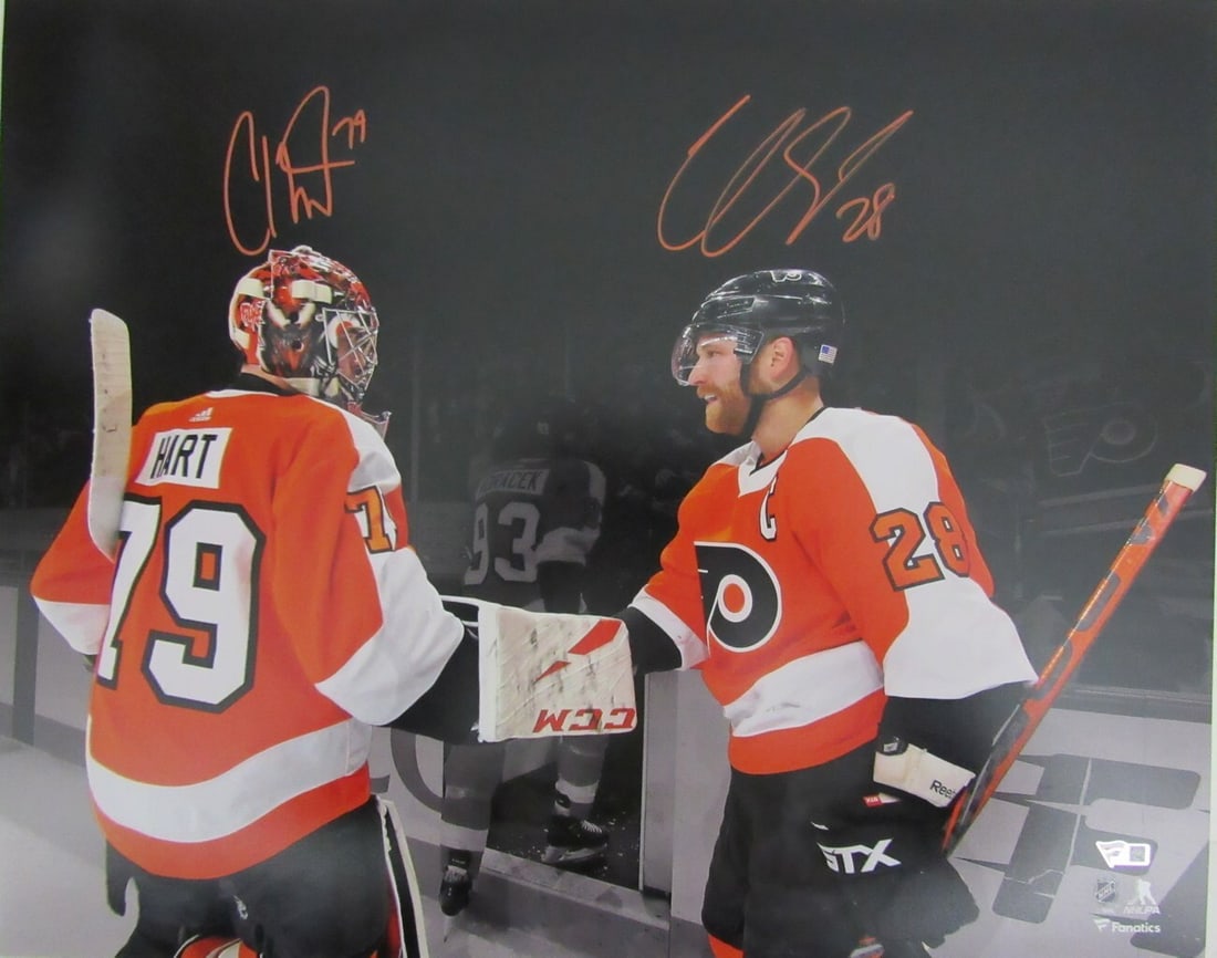 Claude Giroux Carter Hart Dual Autographed 16x20 Photo Flyers Fanatics Authentic: Claude Giroux Carter Hart Dual Autographed 16x20 Photo Flyers Fanatics Authentic This impressive 16x20 photo features dual autographs from Claude Giroux and Carter Hart, showcasing two prominent playe