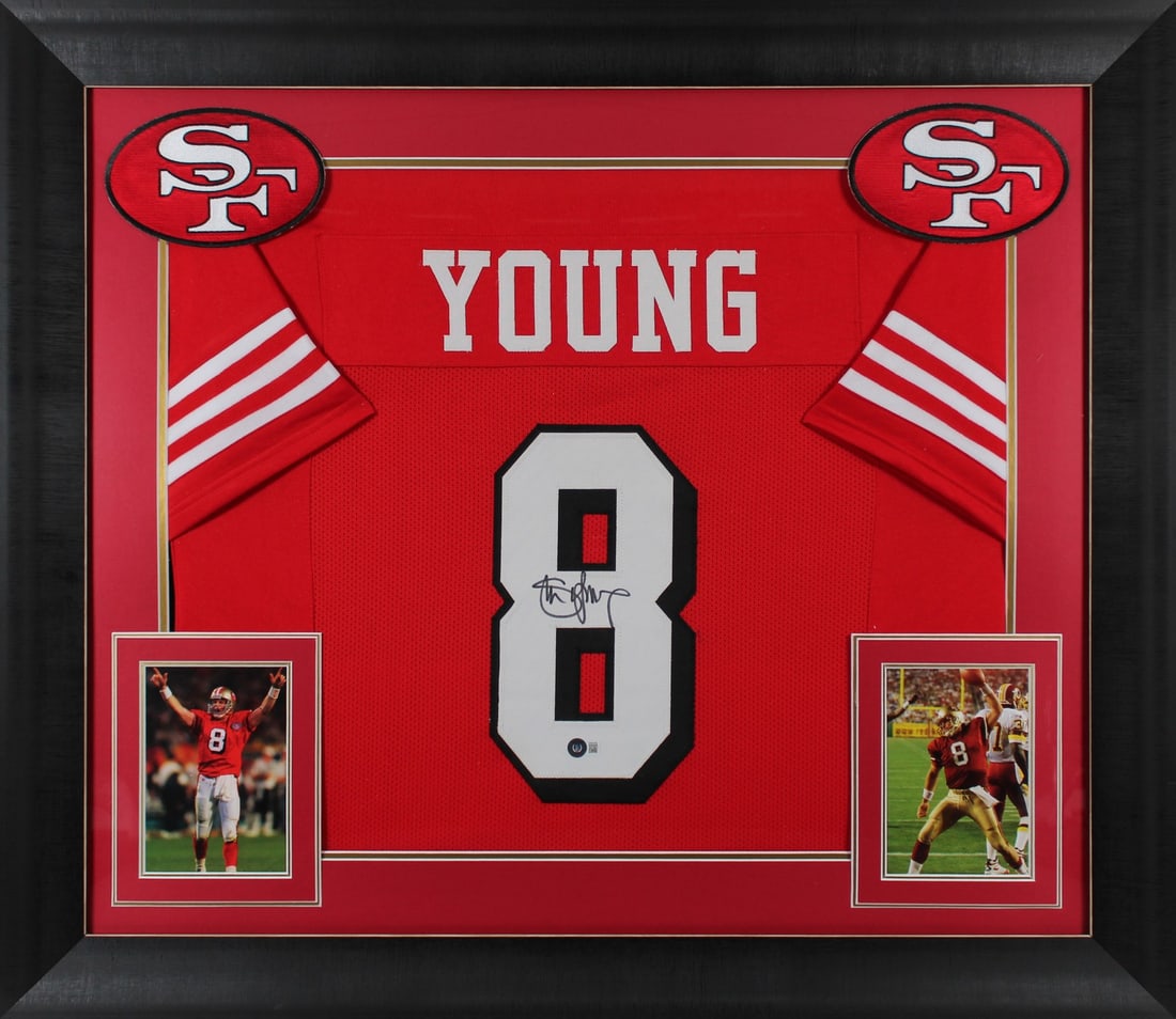 Steve Young Signed San Francisco 49ers Red Jersey Framed with BAS Authentication: Steve Young Signed San Francisco 49ers Red Jersey Framed with BAS Authentication Celebrate the legacy of Steve Young with this stunning Red Pro Style Framed Jersey, personally signed by the San Franci
