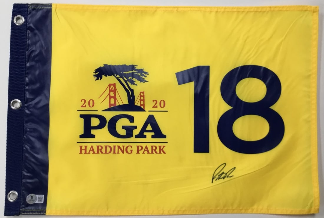 Patrick Reed Signed 2020 PGA Harding Park Pin Flag Beckett Authenticated: Patrick Reed Signed 2020 PGA Harding Park Pin Flag Beckett Authenticated Celebrate golf history with this official 2020 PGA Harding Park 18 Pin Flag, signed by PGA star Patrick Reed. The flag features