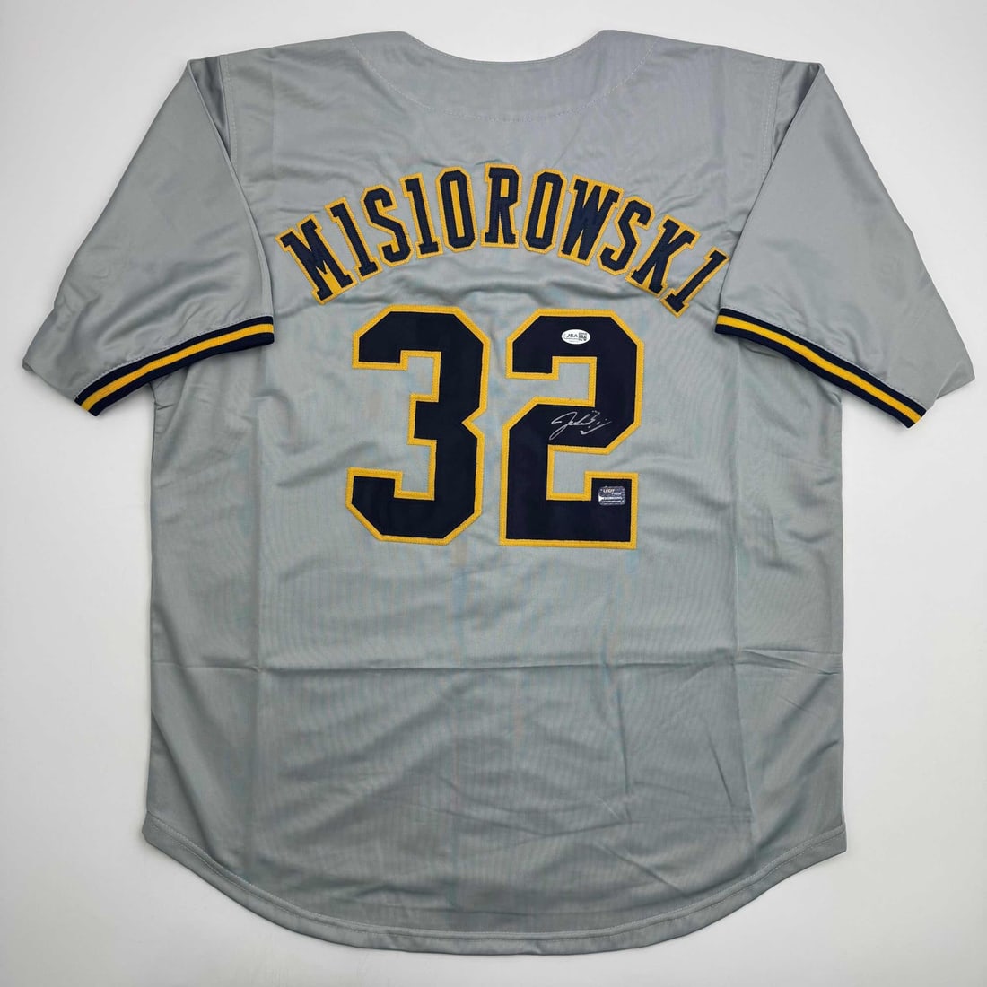 Jacob Misiorowski Signed Custom Milwaukee Grey Jersey JSA Authenticated: Jacob Misiorowski Signed Custom Milwaukee Grey Jersey JSA Authenticated This is a custom Milwaukee grey baseball jersey autographed by Jacob Misiorowski. The jersey is not affiliated with any professi