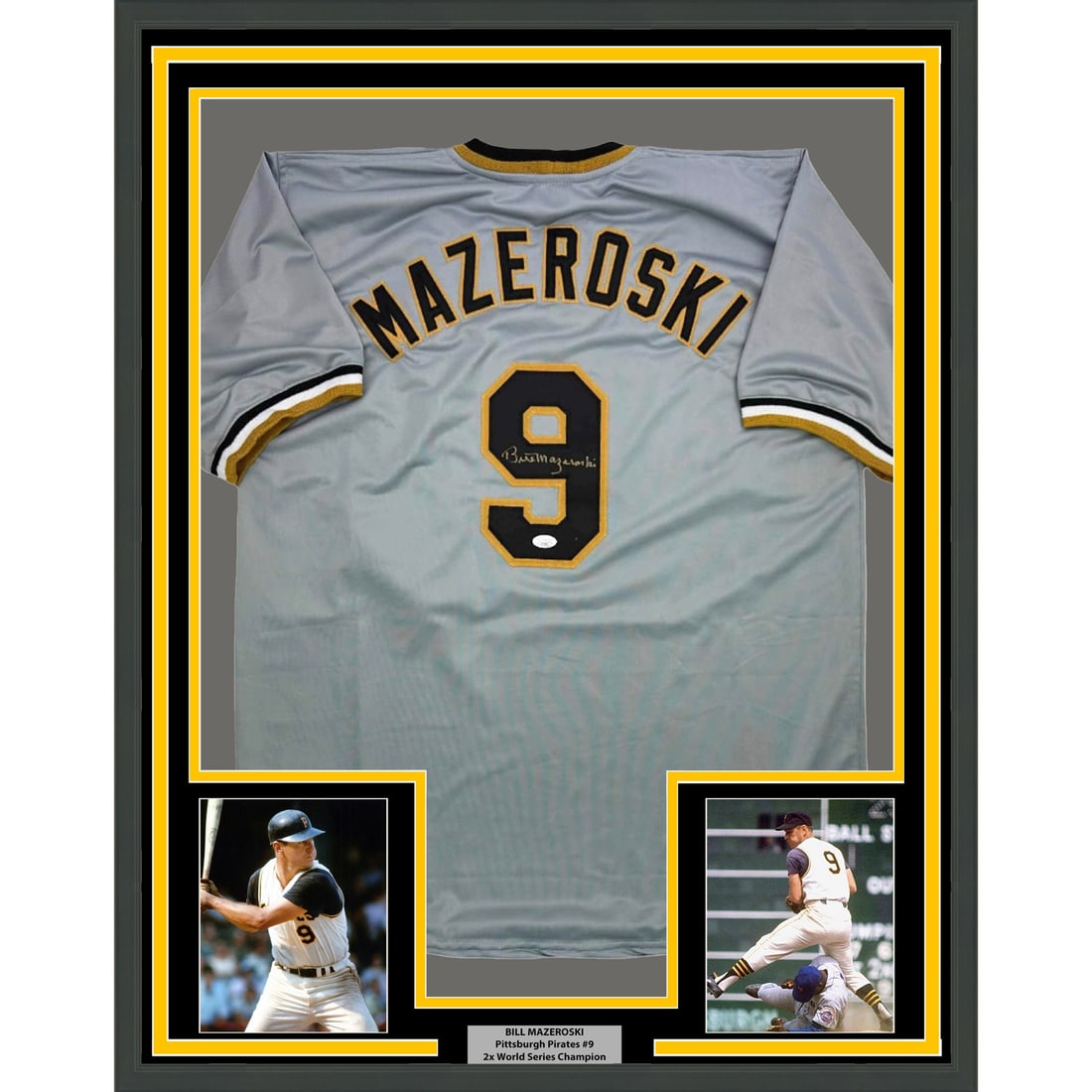 Framed Signed Bill Mazeroski Pittsburgh Pirates Jersey with JSA COA: Framed Signed Bill Mazeroski Pittsburgh Pirates Jersey with JSA COA Celebrate the legacy of Bill Mazeroski with this framed autographed Pittsburgh Pirates grey jersey. Measuring an impressive 35x39 in