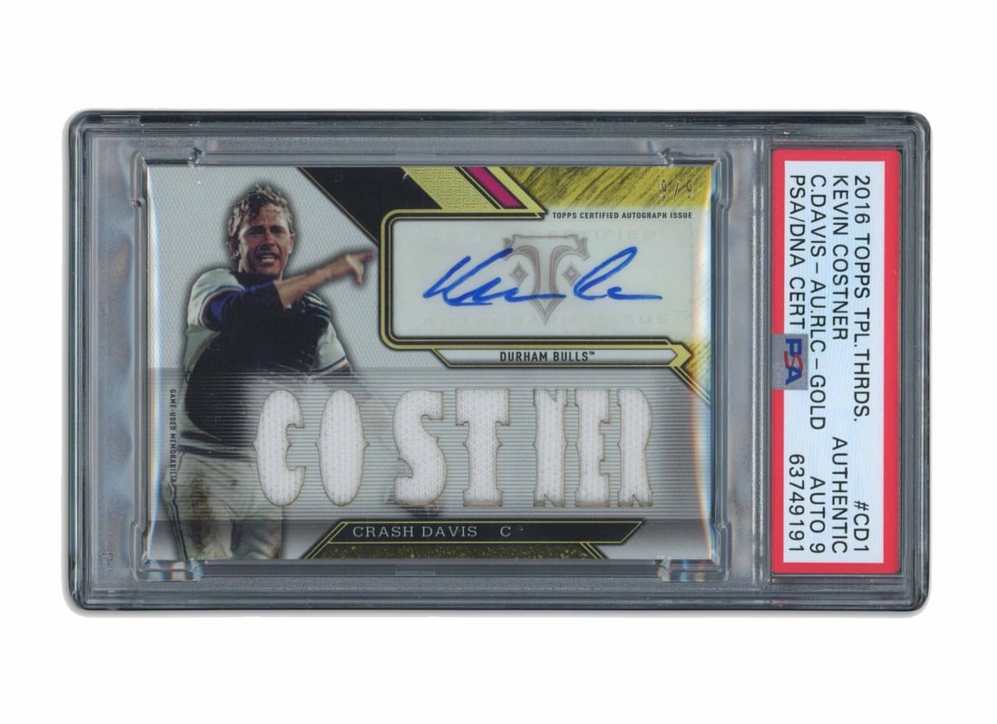 2016 Topps Triple Threads Kevin Costner Autographed Gold Card #9 of 9 PSA 9: 2016 Topps Triple Threads Kevin Costner Autographed Gold Card #9 of 9 PSA 9 This limited edition 2016 Topps Triple Threads card features an autograph from the renowned actor Kevin Costner, celebrating