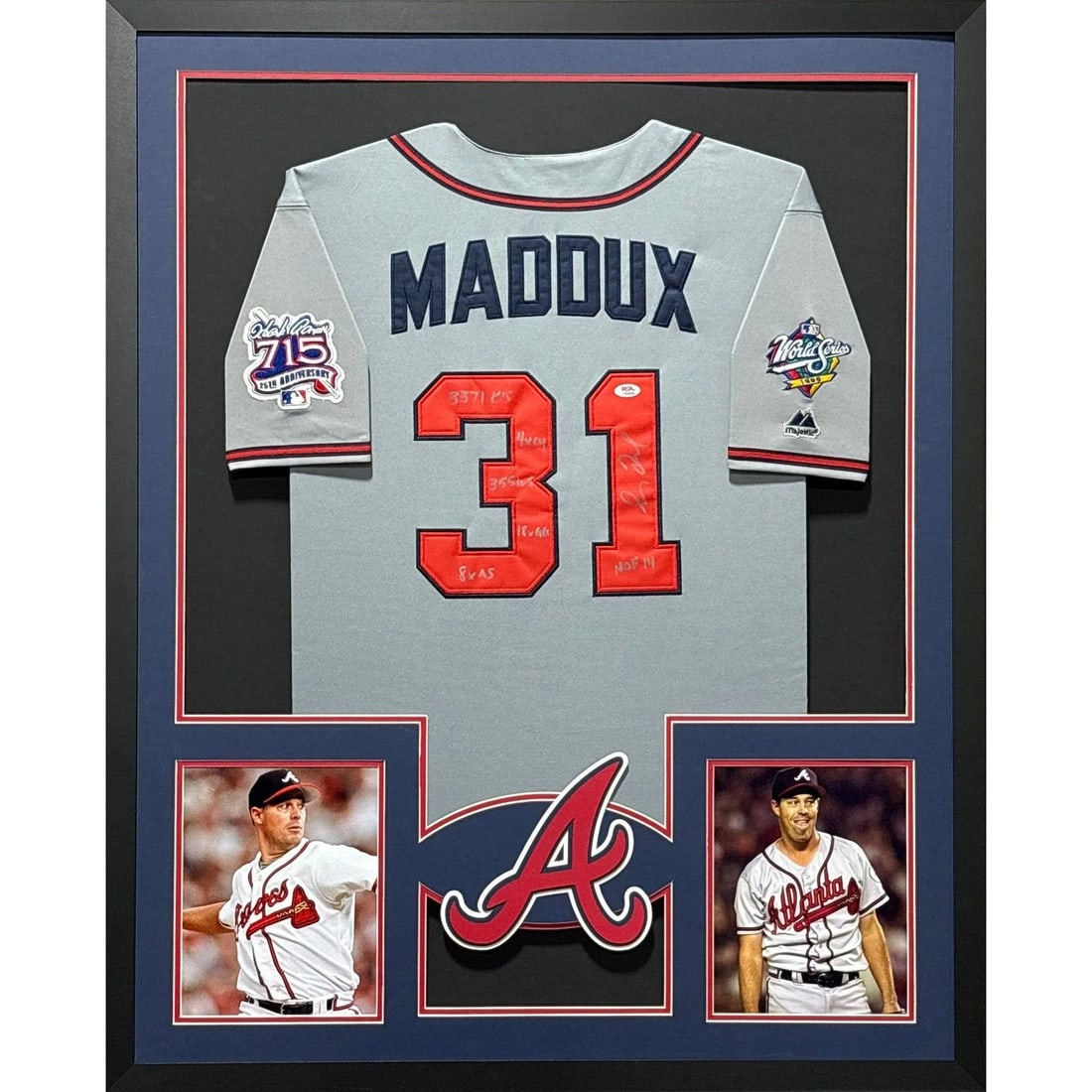 Greg Maddux Signed Framed Jersey with Beckett Authentication Braves Inscription: Greg Maddux Signed Framed Jersey with Beckett Authentication Braves Inscription This framed jersey features a signature from baseball legend Greg Maddux, along with inscriptions commemorating his achi