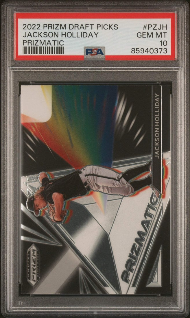 2022 Prizm DP Jackson Holliday #PZJH PSA 10 Prizmatic RC Baseball Card: 2022 Prizm DP Jackson Holliday #PZJH PSA 10 Prizmatic RC Baseball Card This is a 2022 Prizm DP Jackson Holliday #PZJH Prizmatic rookie baseball card, graded PSA 10. It features Jackson Holliday, a pla