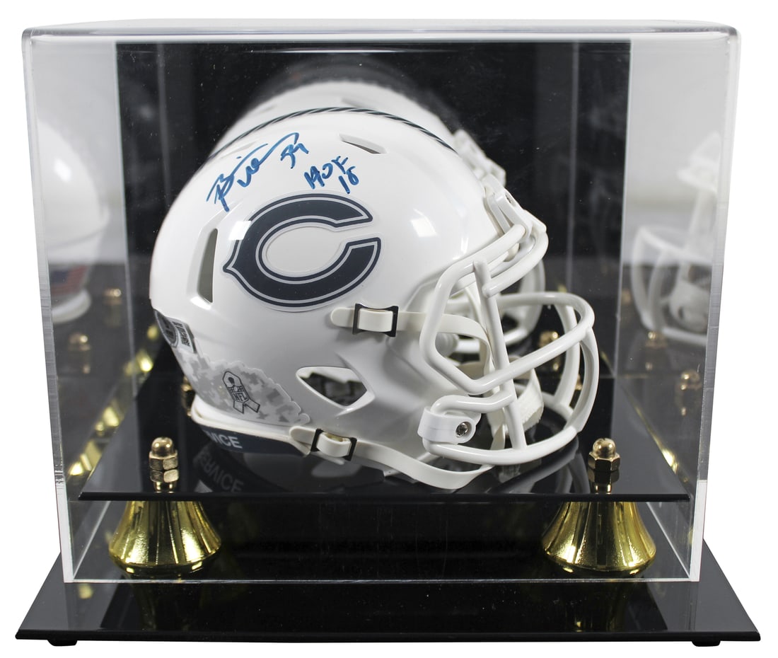 Brian Urlacher Signed Bears Mini Helmet with HOF 18 Inscription BAS Authenticated: Brian Urlacher Signed Bears Mini Helmet with HOF 18 Inscription BAS Authenticated Celebrate the legacy of Brian Urlacher with this autographed Chicago Bears 'HOF 18' Speed Mini Helmet. This original p