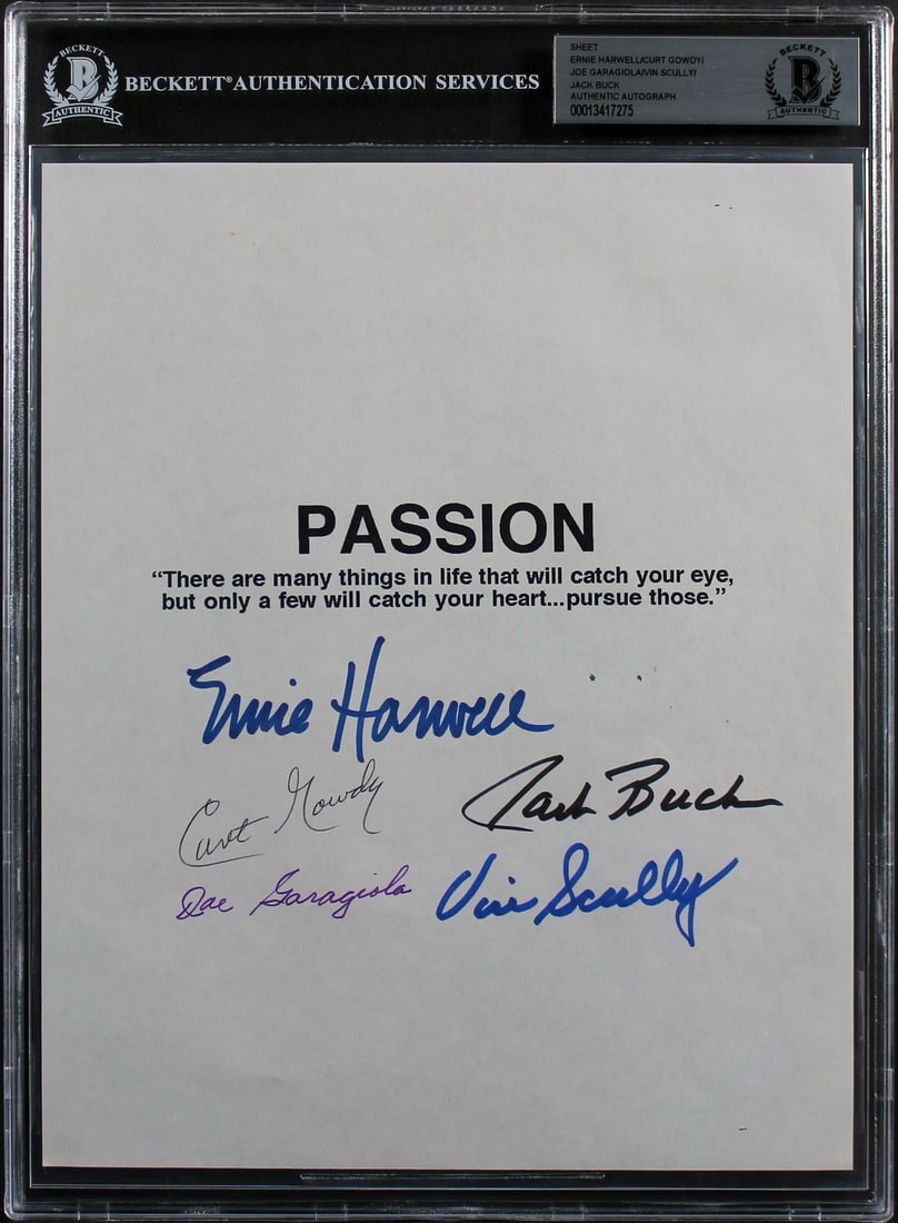 Broadcast Legends Signed 8x10 Photo Scully Buck Garagiola Gowdy Harwell Beckett Authenticated: Broadcast Legends Signed 8x10 Photo Scully Buck Garagiola Gowdy Harwell Beckett Authenticated This remarkable autographed 8x10 photograph features the signatures of five legendary sports broadcasters:
