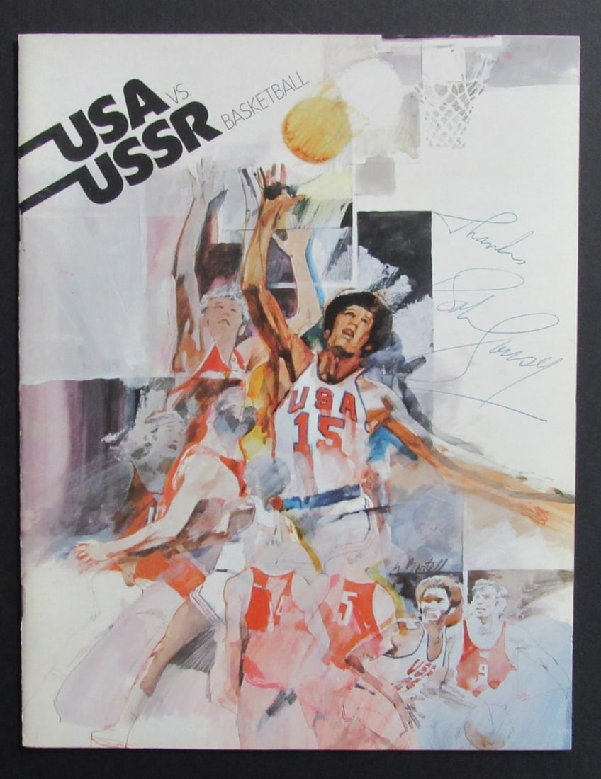 1973 USA USSR Basketball Program with Bob Cousey Autograph: 1973 USA USSR Basketball Program with Bob Cousey Autograph This vintage 1973 USA vs. USSR Basketball Series Program is a remarkable collectible signed by basketball legend Bob Cousy. The program is in