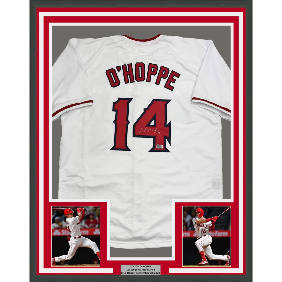 Framed Autographed Logan O'Hoppe Jersey with BAS COA 35x39: Framed Autographed Logan O'Hoppe Jersey with BAS COA 35x39 Showcase your love for baseball with this framed autographed Logan O'Hoppe jersey. This original Los Angeles Angels of Anaheim white jersey i