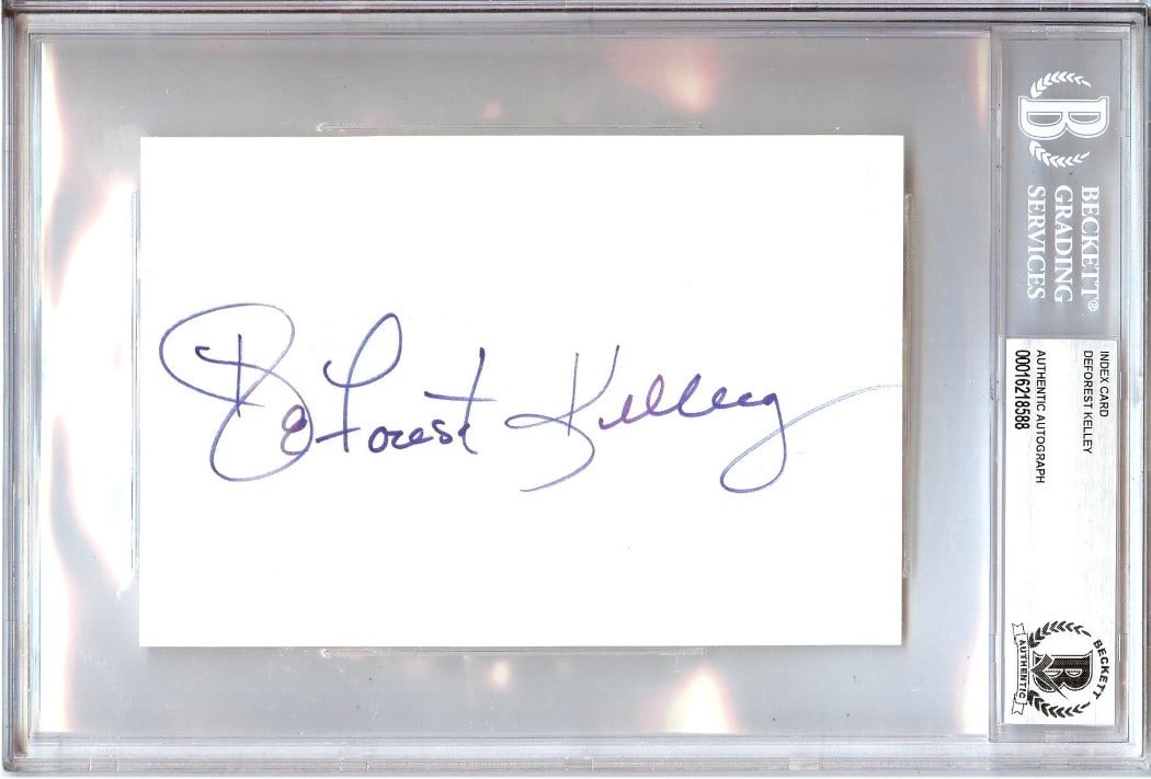 DeForest Kelley Signed Index Card Star Trek Bones Beckett Authenticated 6 x 9: DeForest Kelley Signed Index Card Star Trek Bones Beckett Authenticated 6 x 9 This autographed index card features the signature of DeForest Kelley, famously known for his role as Dr. Leonard "Bones"