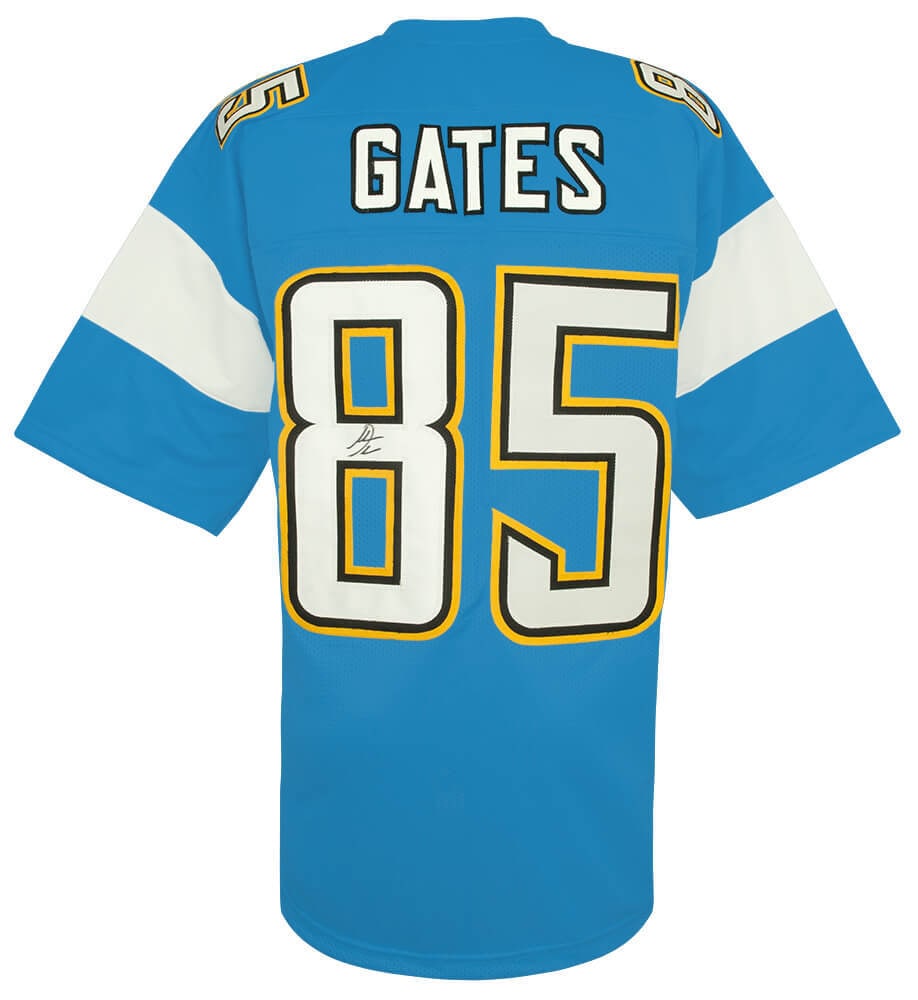 Antonio Gates Signed Chargers Powder Blue Jersey with COA: Antonio Gates Signed Chargers Powder Blue Jersey with COA This is an authentic, signed powder blue custom football jersey of Antonio Gates, a celebrated player for the Los Angeles Chargers. The jersey