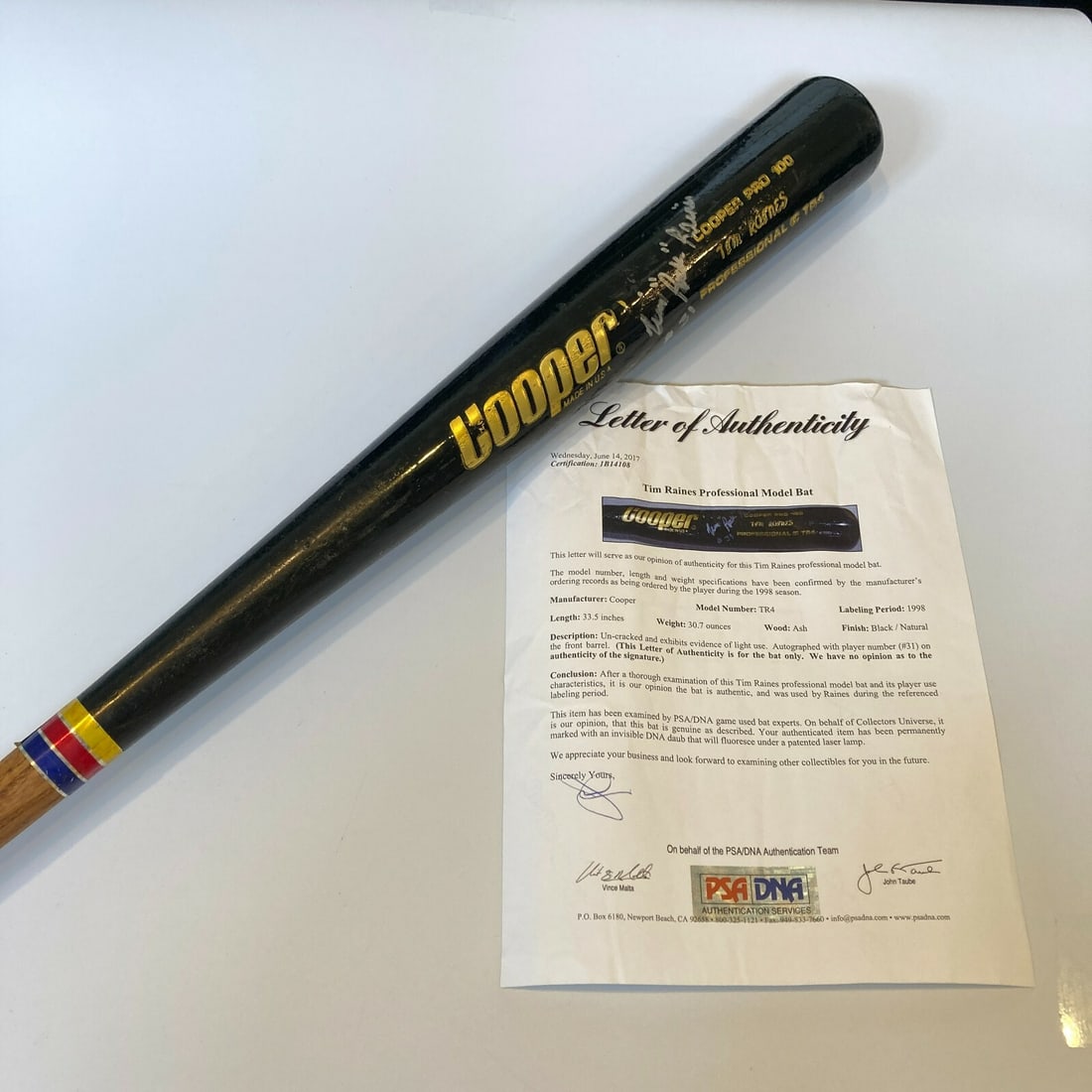 Tim Raines Signed 1998 Game Used Cooper TR4 Baseball Bat PSA Beckett Authenticated: Tim Raines Signed 1998 Game Used Cooper TR4 Baseball Bat PSA Beckett Authenticated Own a piece of baseball history with this Tim "Rock" Raines signed game-used 1998 baseball bat. This original Cooper
