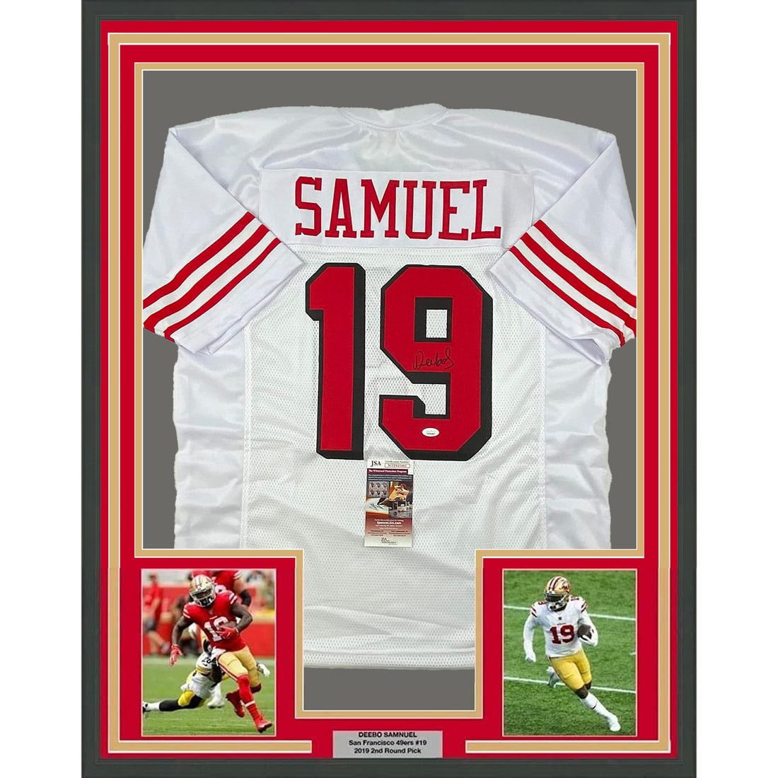 Framed Deebo Samuel Autographed White Alternate Jersey with JSA COA: Framed Deebo Samuel Autographed White Alternate Jersey with JSA COA This professionally framed and matted Deebo Samuel autographed jersey showcases the San Francisco 49ers' white alternate design. Mea