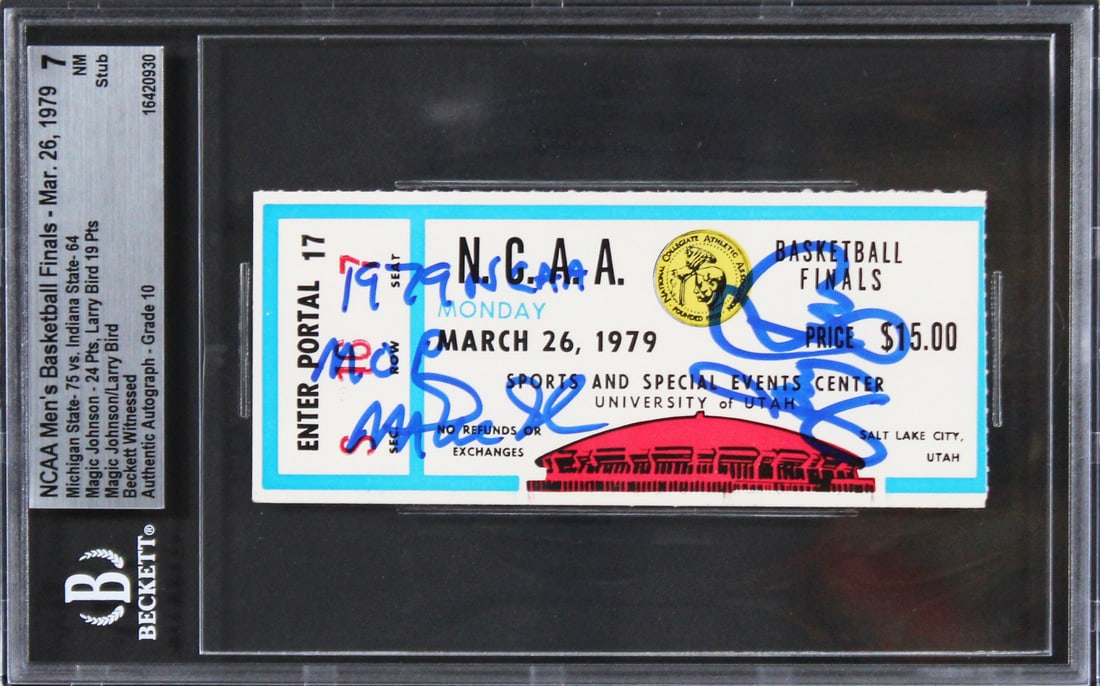 Magic Johnson Larry Bird Signed 1979 NCAA Finals Ticket Slabbed Beckett Authenticated: Magic Johnson Larry Bird Signed 1979 NCAA Finals Ticket Slabbed Beckett Authenticated This original 1979 NCAA Finals ticket stub is a remarkable collectible featuring the legendary signatures of Magic