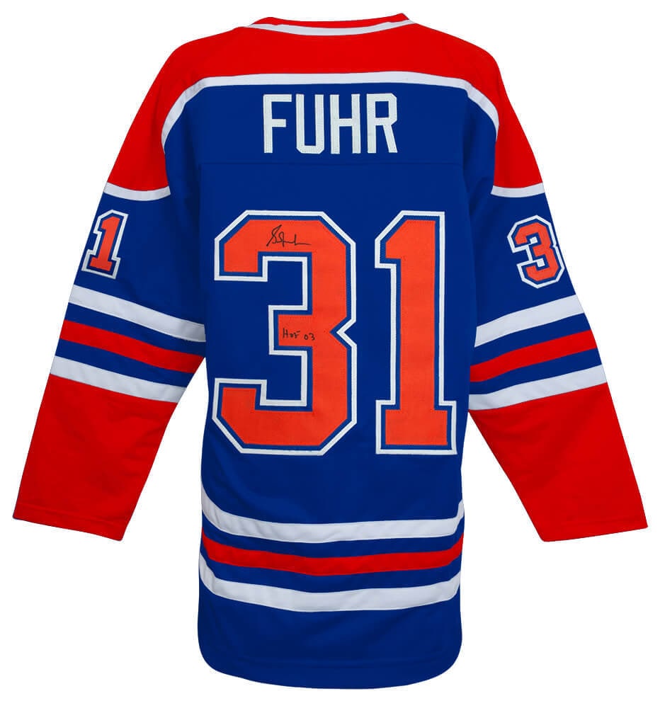 Grant Fuhr Signed Blue Throwback Jersey HOF 03 Edmonton Oilers with COA (1 of 3)