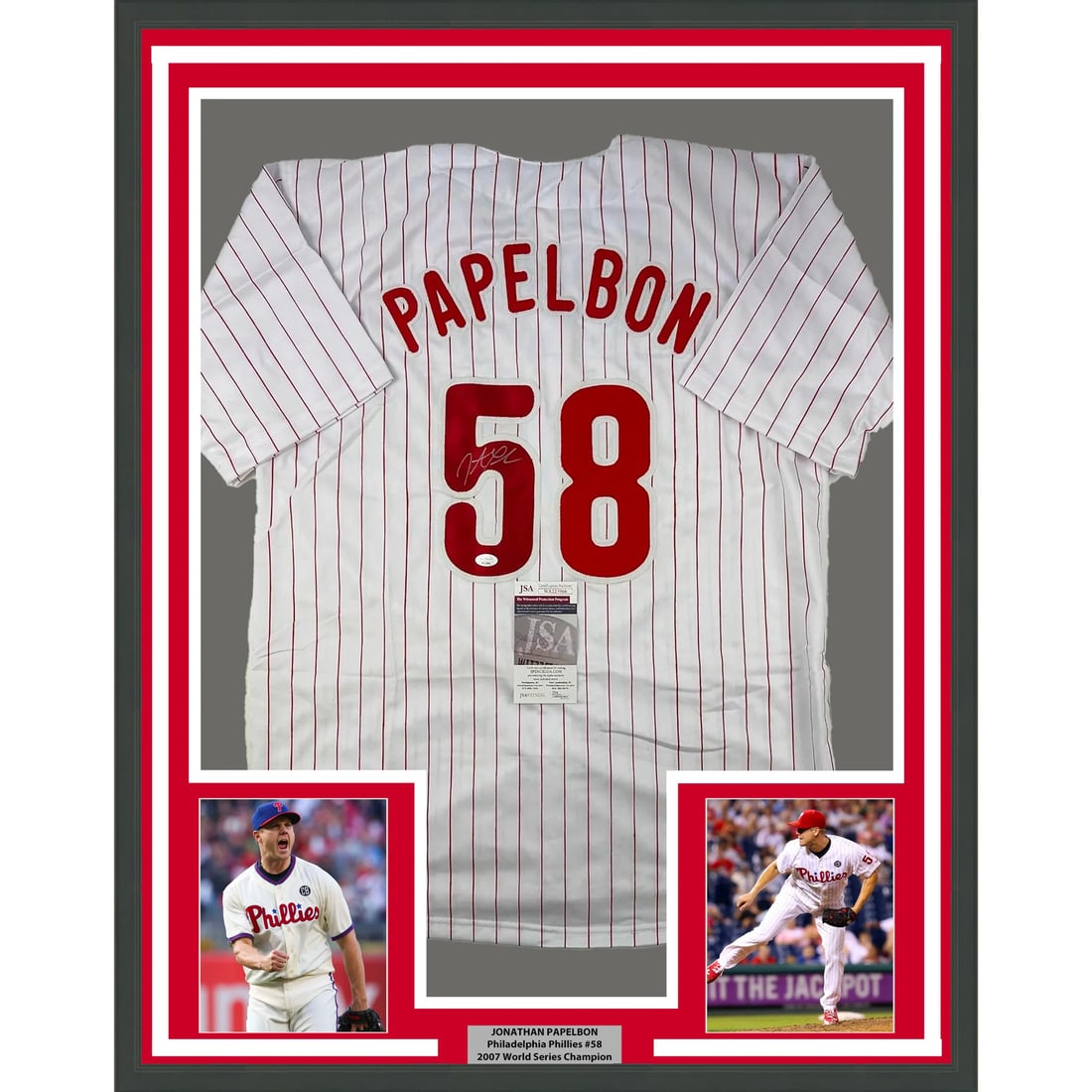 Framed Jonathan Papelbon Autographed Pinstripe Jersey JSA COA MLB: Framed Jonathan Papelbon Autographed Pinstripe Jersey JSA COA MLB Showcase your passion for baseball with this professionally framed and matted autographed Jonathan Papelbon pinstripe jersey. Measurin