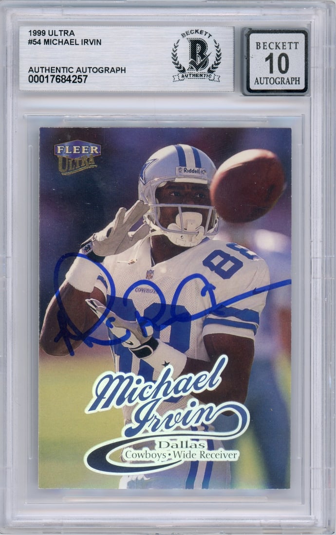 Michael Irvin Signed 1994 Fleer Ultra Cowboys Card BGS Auto Grade 10: Michael Irvin Signed 1994 Fleer Ultra Cowboys Card BGS Auto Grade 10 This is an original 1999 Fleer Ultra #54 Michael Irvin sports trading card, autographed by Michael Irvin of the Dallas Cowboys. The