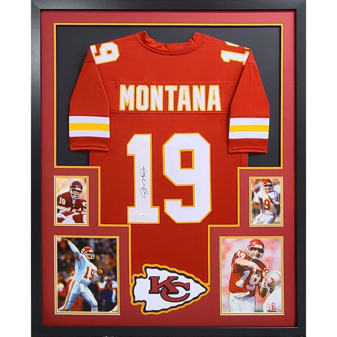 Joe Montana Autographed Framed Jersey Kansas City Chiefs JSA Certified: Joe Montana Autographed Framed Jersey Kansas City Chiefs JSA Certified Own a piece of football history with this autographed Joe Montana framed jersey. This exceptional display piece features a signed