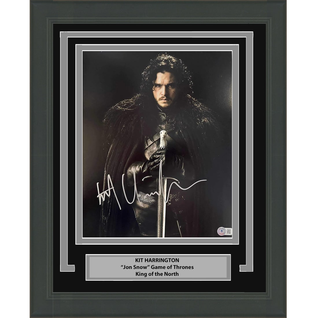 Framed 11x14 Photo Signed by Kit Harrington as Jon Snow Beckett Authenticated: Framed 11x14 Photo Signed by Kit Harrington as Jon Snow Beckett Authenticated This professionally framed and matted 11x14 photo features Kit Harrington as Jon Snow, personally autographed by Kit Harri