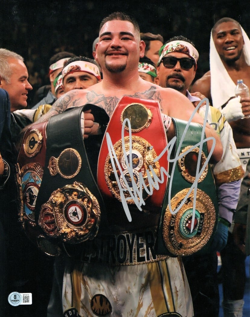Andy Ruiz Jr. Autographed 11X14 Photo Holding Four Belts Beckett Authenticated (1 of 2)