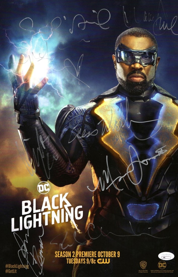 Black Lightning Cast Signed Poster 11X17 JSA Authenticated: Black Lightning Cast Signed Poster 11X17 JSA Authenticated Celebrate the world of superheroes with this Black Lightning signed cast poster. Measuring 11x17 inches, this original poster features the au