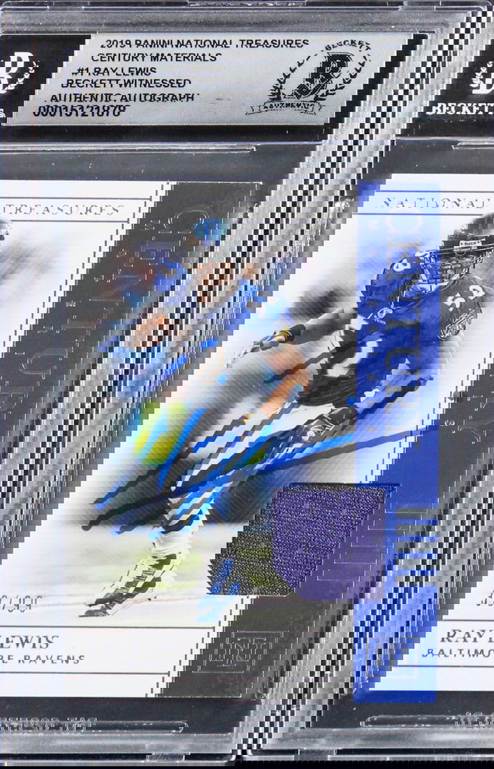 Ray Lewis Autographed 2019 National Treasures Card #1 33/99 BAS Gem Mint 10: Ray Lewis Autographed 2019 National Treasures Card #1 33/99 BAS Gem Mint 10 This 2019 Panini National Treasures Century Materials #1 card, numbered 33/99, is a stunning collectible for any football fa